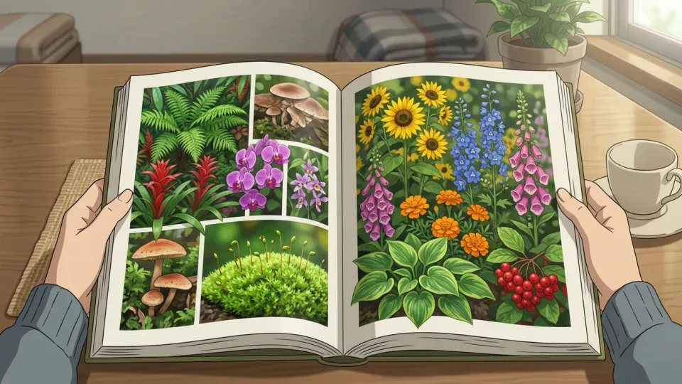 色鮮やかな植物の写真を掲載した開いた本を手で保持している場面