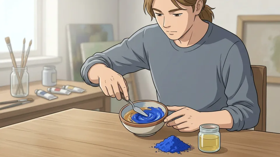 青い顔料の粉末を油と混ぜ合わせている手元