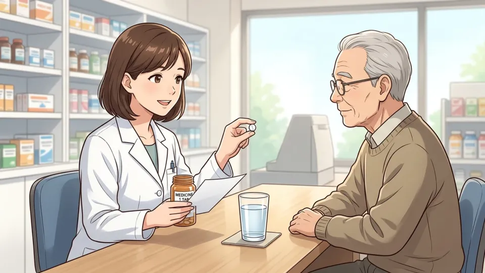 食後に水と錠剤を服用する方法を説明する薬剤師