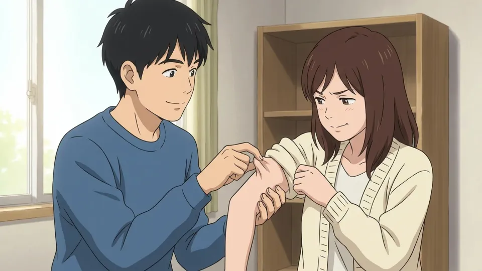 腕をつねる男性の手