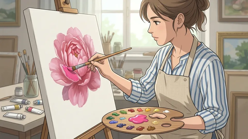 画家が花にピンク色を塗っている様子。