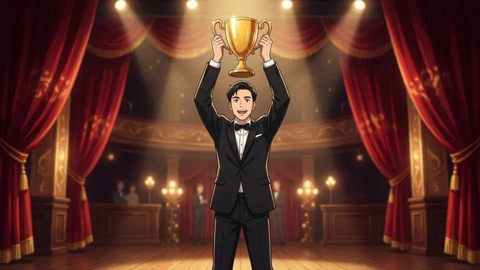 ステージの中央でトロフィーを掲げる男性のイラスト