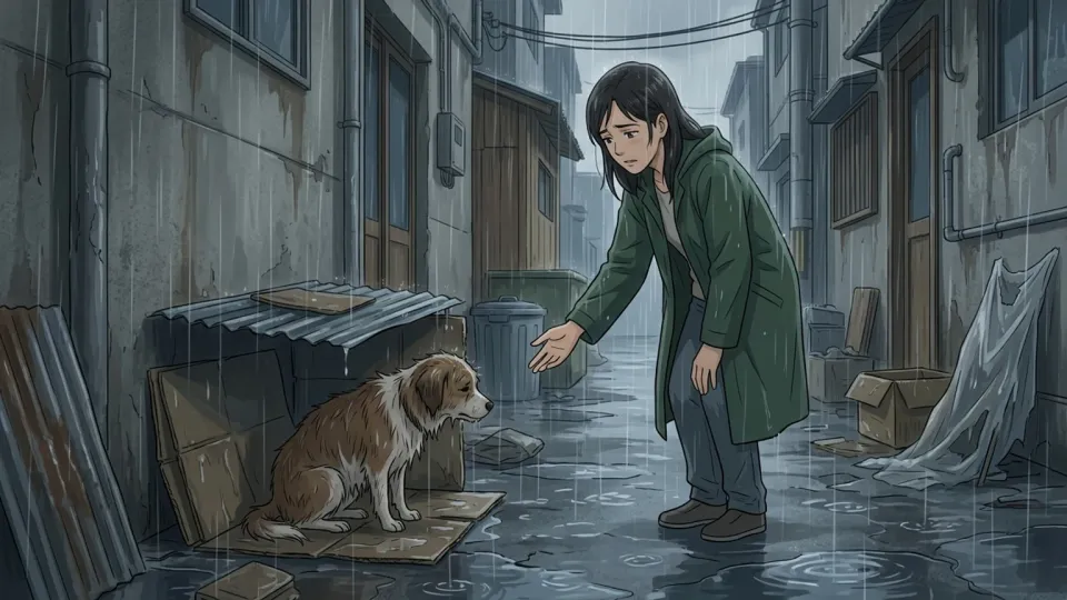 雨の中の野良犬に同情する女性