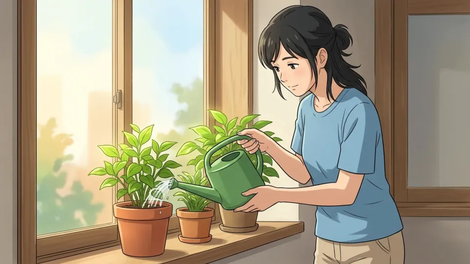 女性が鉢植えの植物に水をやっている