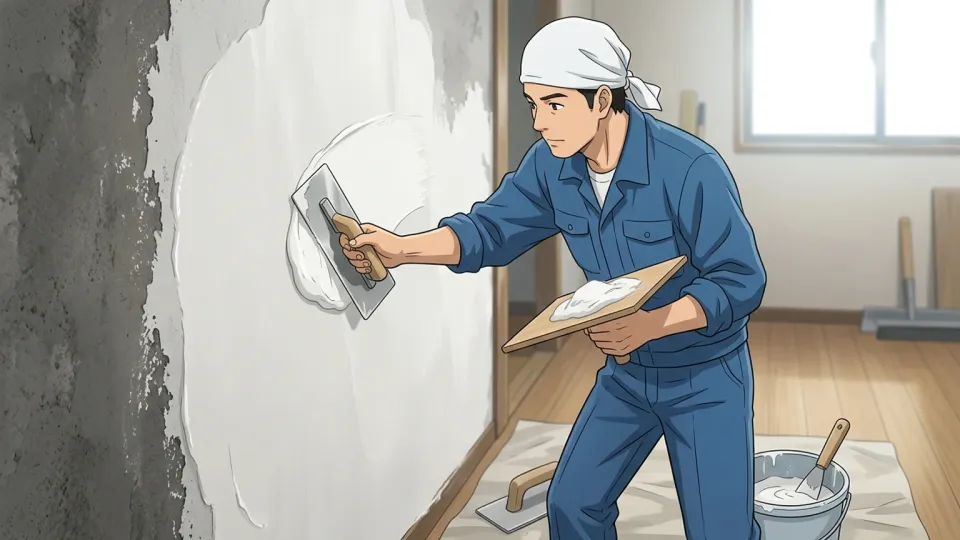 壁に漆喰を塗る作業員の様子