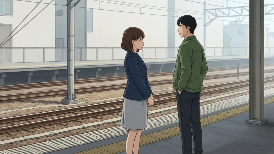 駅のプラットホームで電車を待つ乗客たち。