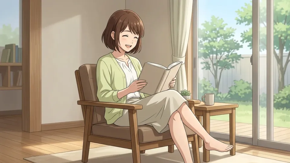 窓辺で本を読んで笑顔を見せる人