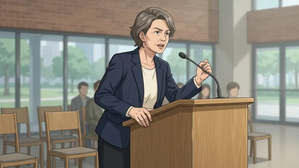 演台で力強く公約を述べる市長の姿。