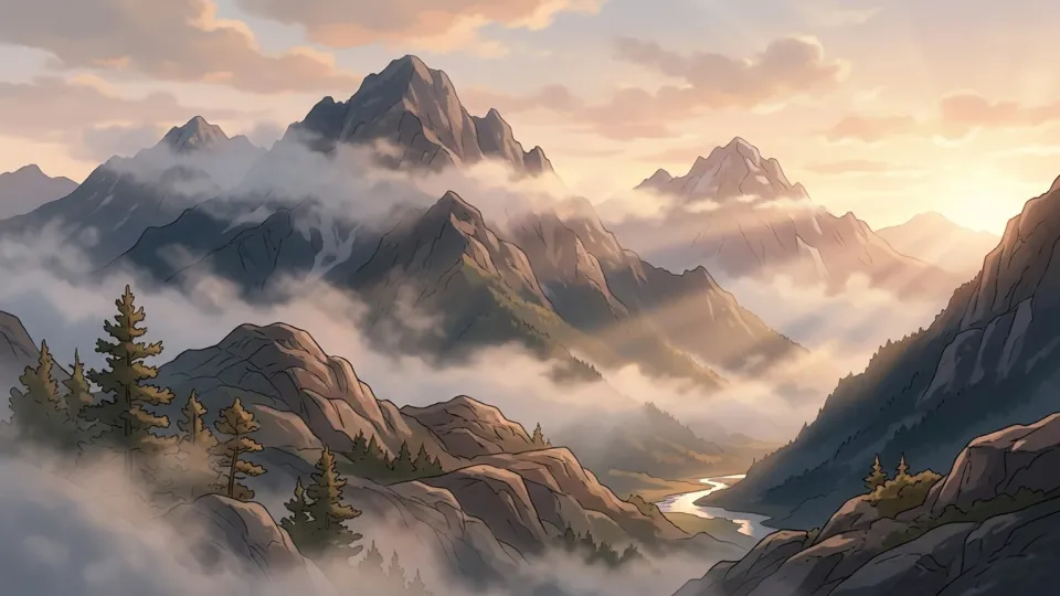 霧が立ち込める美しい山々と光の情景