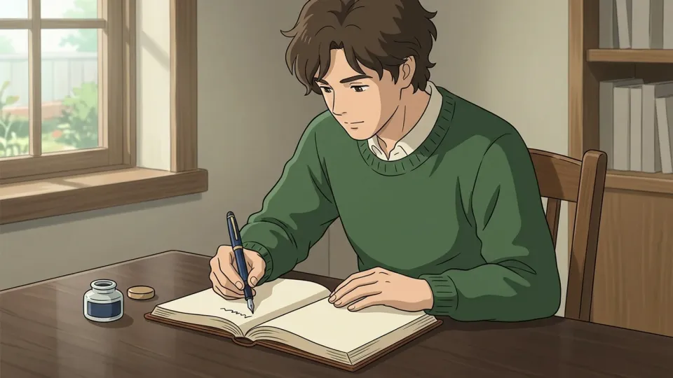 ノートに詩を書き留める男性のイラスト