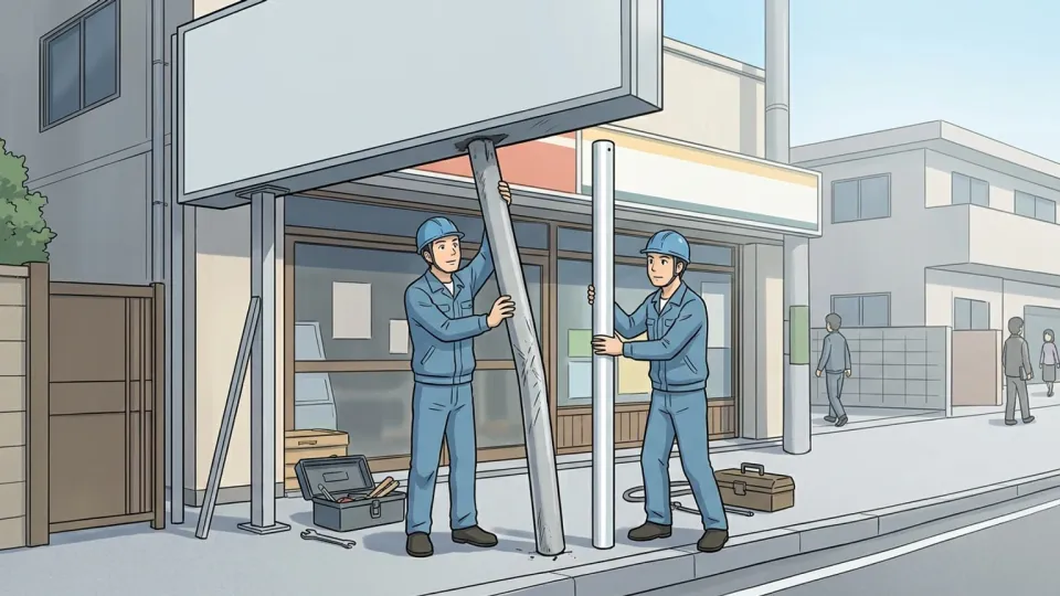 屋外看板の損傷した支柱を交換する作業員たち