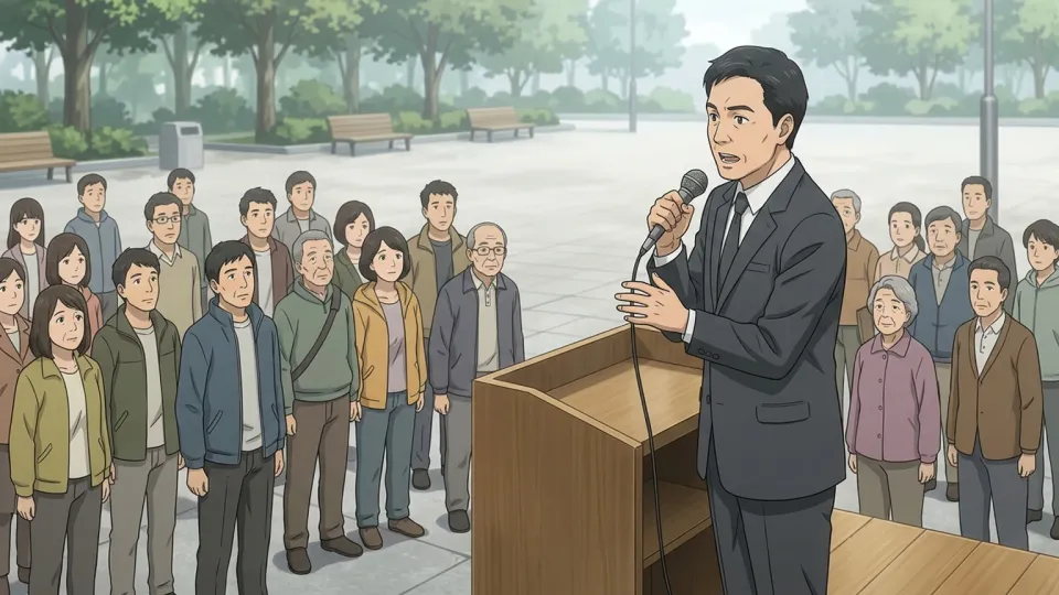 演台で聴衆に話しかける地元の政治家。