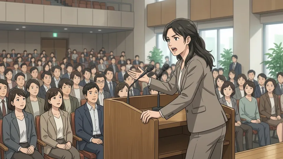 演壇で演説する女性