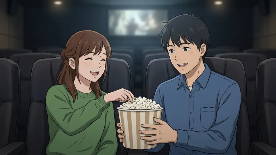 映画館でポップコーンを分け合う2人