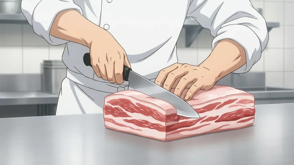 シェフが豚肉を調理している様子