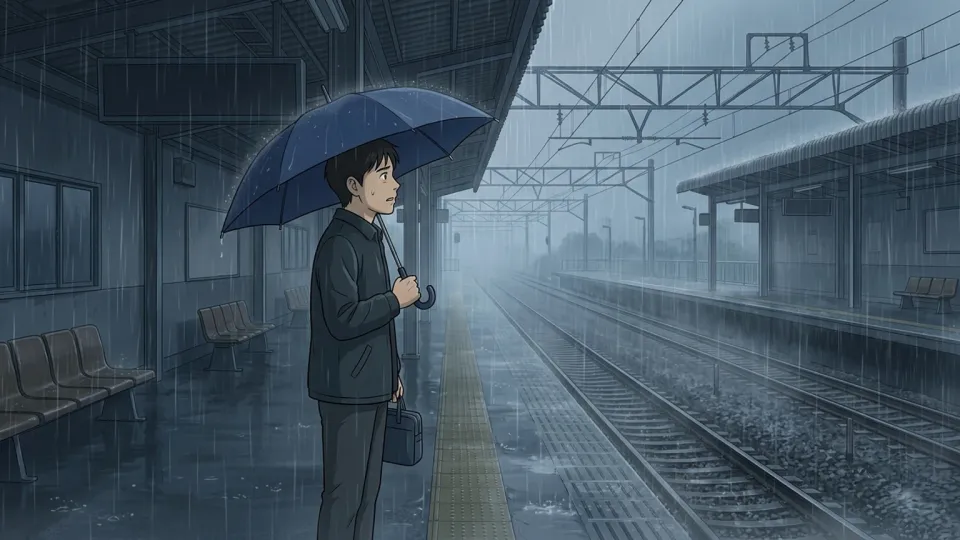 大雨の中で電車の到着を待つ人物