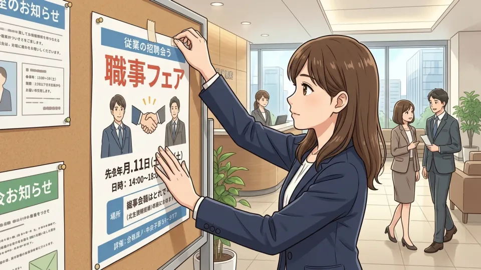 会社のロビーで社員が就職説明会の日時を知らせる大きなポスターを掲示板に貼っている様子