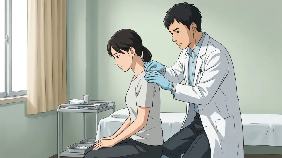 患者の肩の後ろ側を診察する医師のイラスト