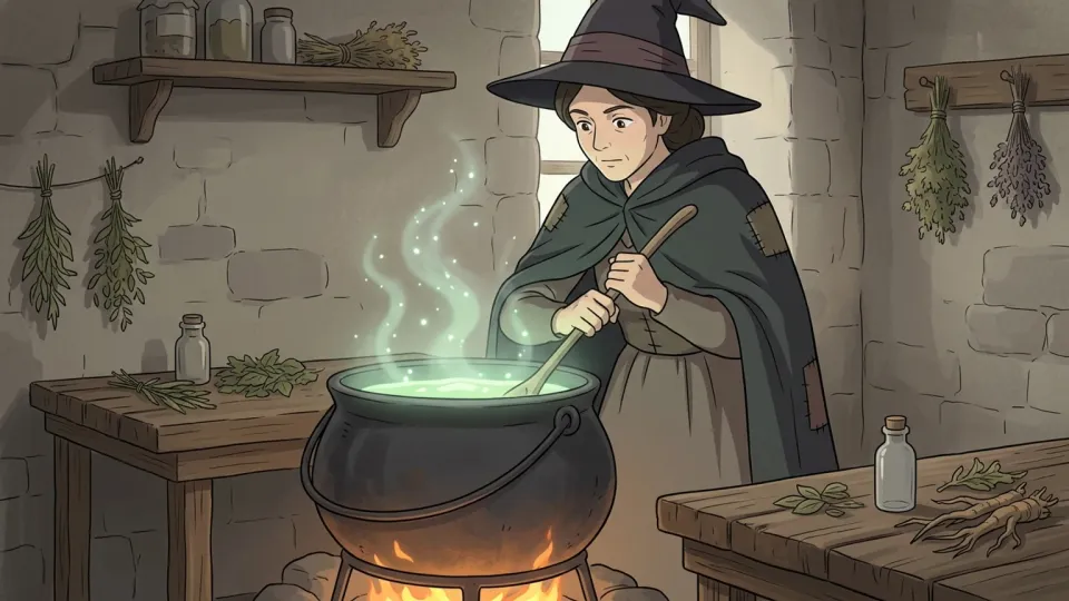 大鍋の前で魔法の薬を調合する魔女