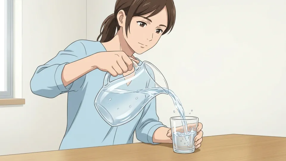 女性がコップに水を注ぐ様子