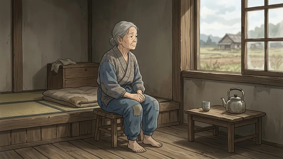 質素な部屋で窓の外を見つめる人物