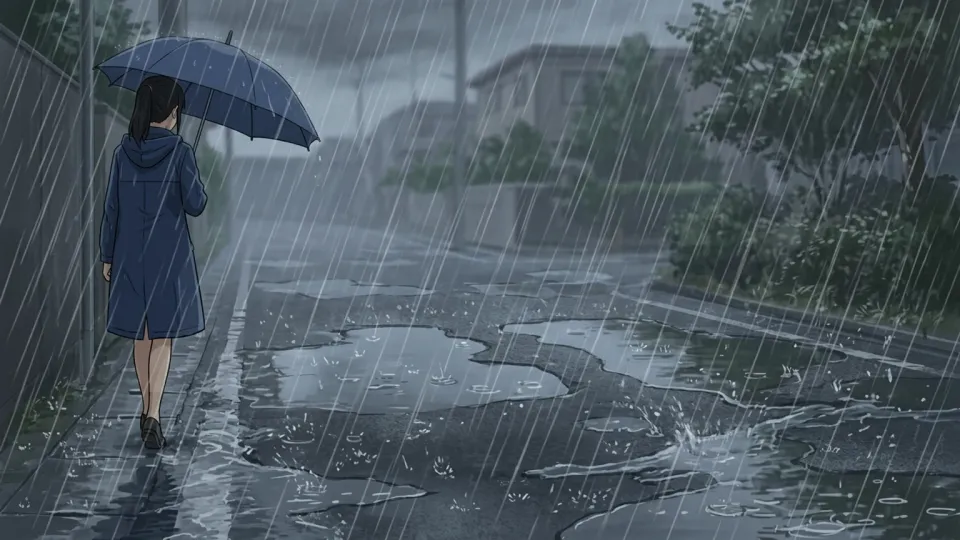 激しい雨が降る道路の様子