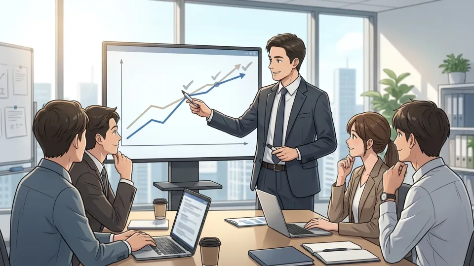 分析担当者が燃料価格の上昇予測グラフを示し、実際の価格推移と一致した点を確認している様子