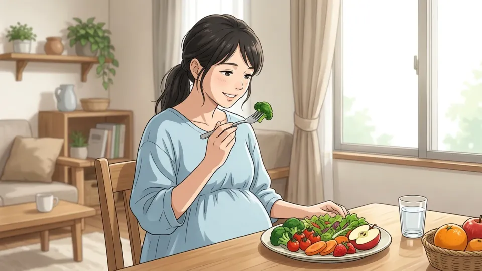 妊娠中に健康的な食事をとる女性