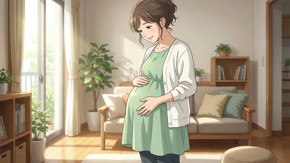 妊娠している女性が自分のお腹に手を当てて微笑んでいる。