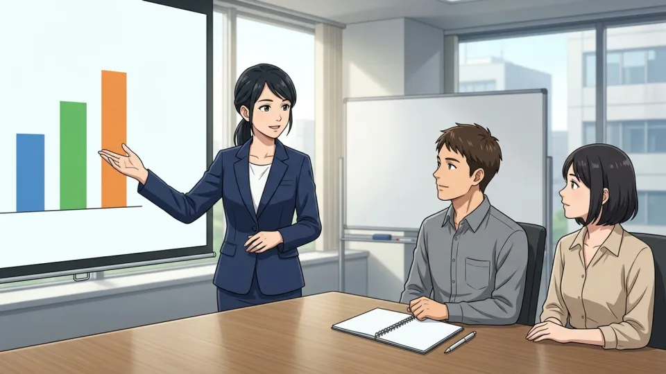 会議室でプレゼンテーションをする女性