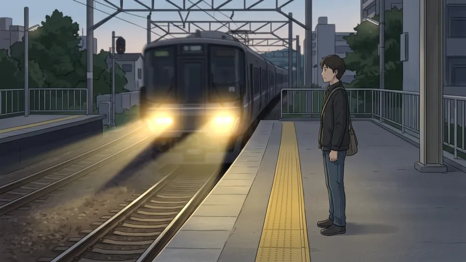 駅のホームに入線してくる電車を待つ人