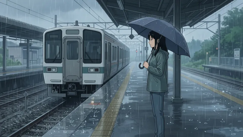 大雨の中、定刻通りに到着する列車を待つ乗客