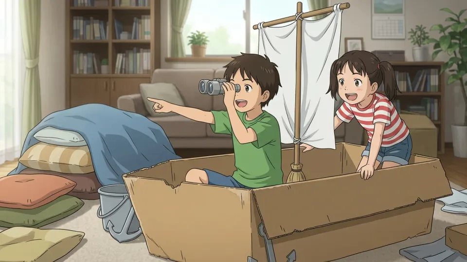 勇敢な探検家のふりをして遊ぶ子供たち