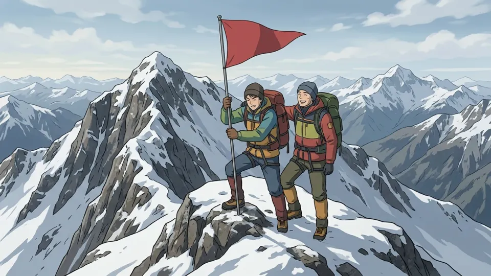 山頂に到達し優勢を示す登山家たち