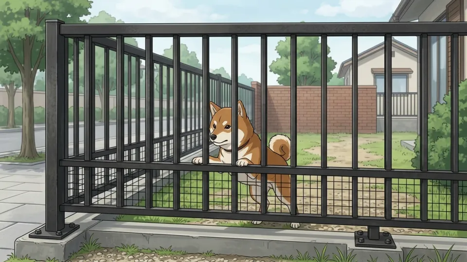 頑丈なフェンスが犬の逃走を防いでいる様子