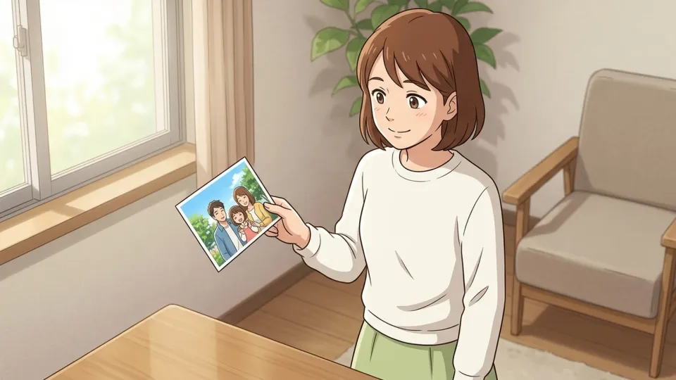 女性が写真のプリントを見ている様子