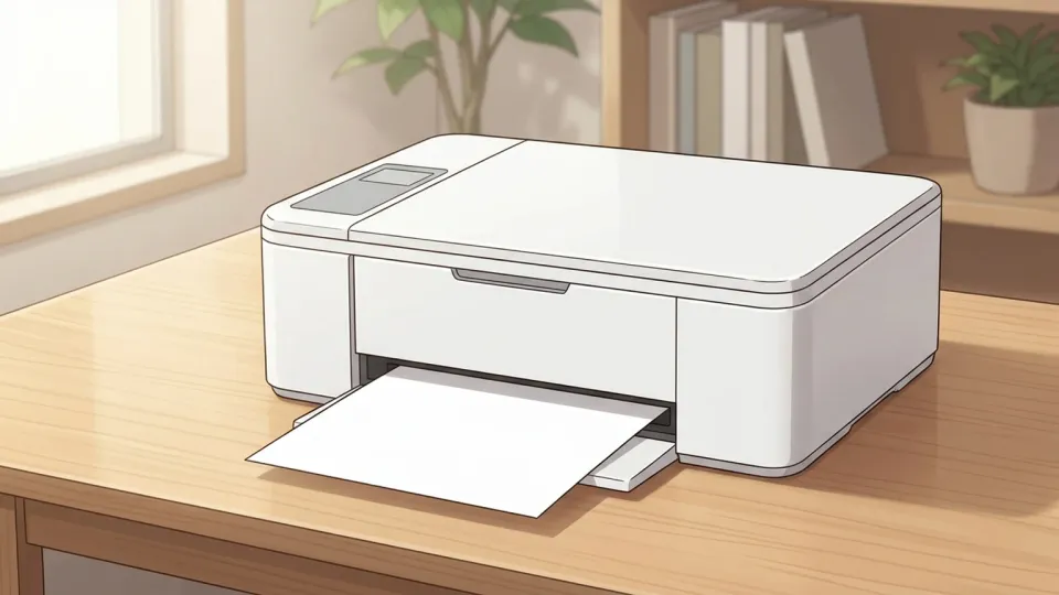 机の上にあるプリンターから紙が出ているイラスト