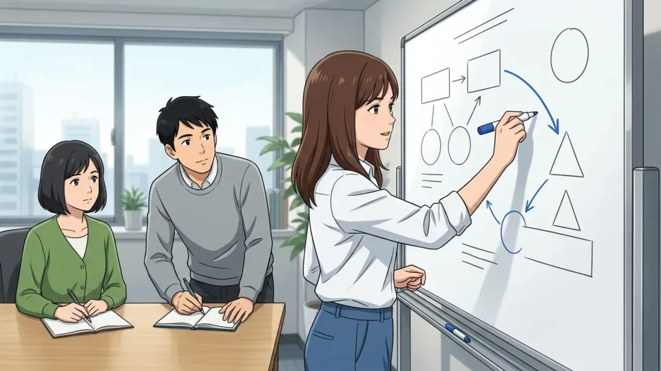 女性が自発的に先回りして同僚に新しい対策を示している様子