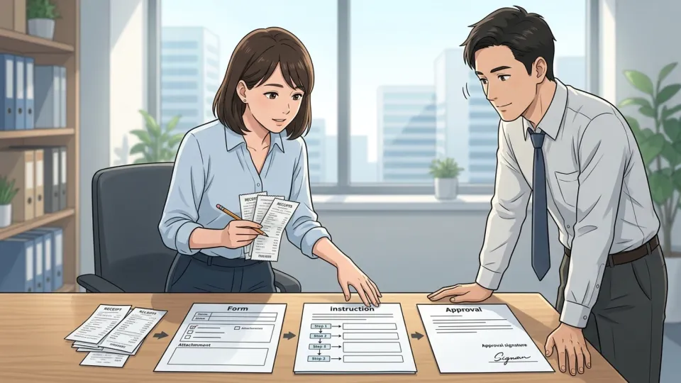 社員が領収書を提出する前に経費精算の手順を確認している