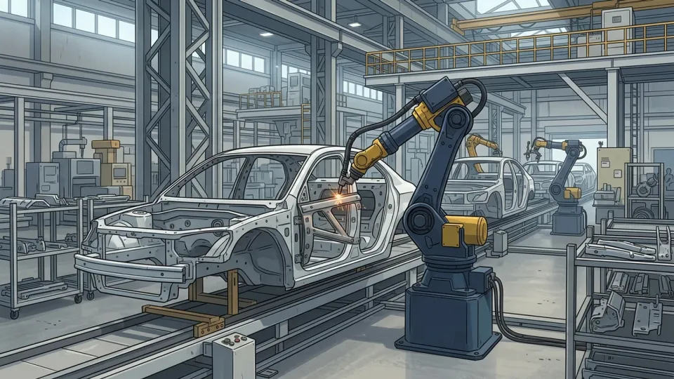 工場内で自動車を製造している様子