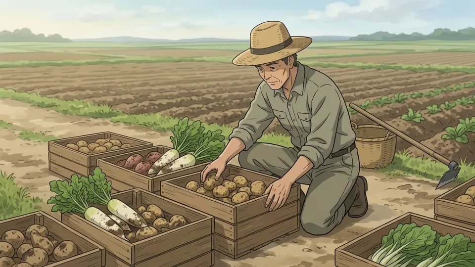 有機野菜を収穫する農家。
