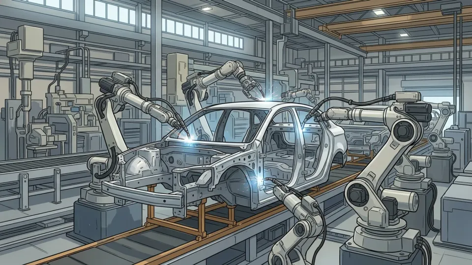 自動車工場で車が組み立てられている様子