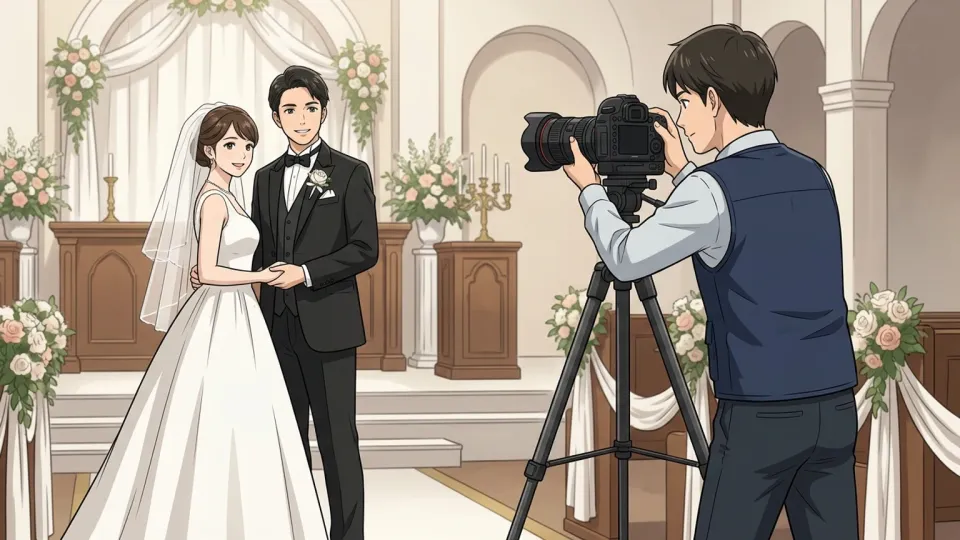 結婚式で撮影を行うプロのカメラマン