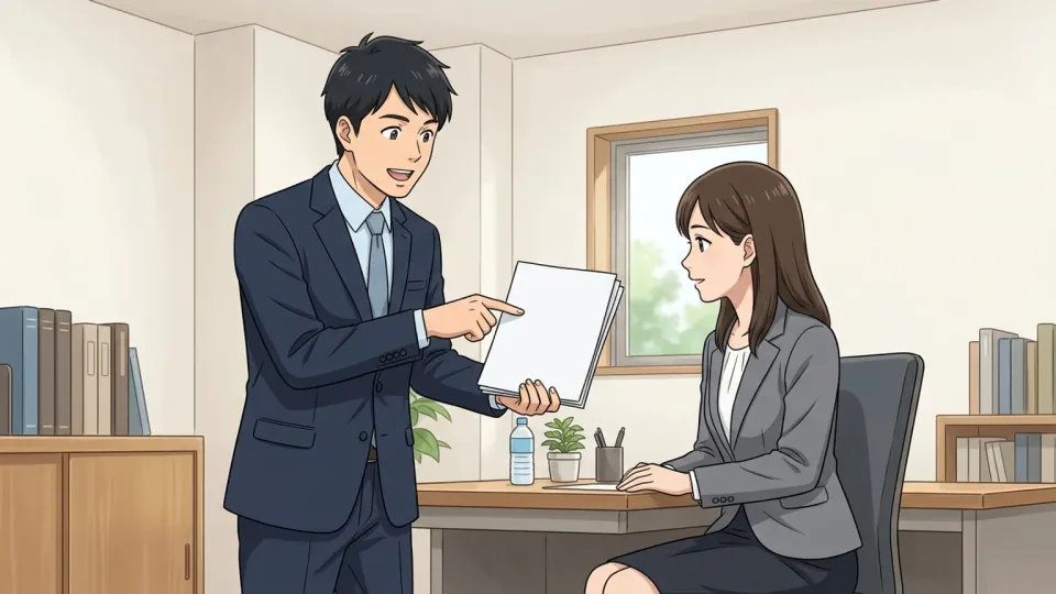 会社で新しい研修計画を説明する様子