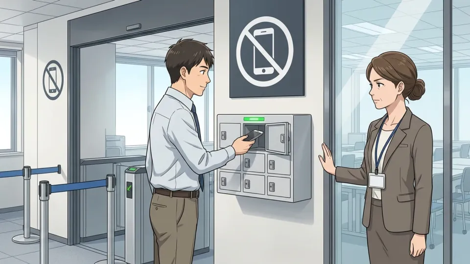 新しい規則に従い社員が試験区域へ入る前に私物端末を預けている