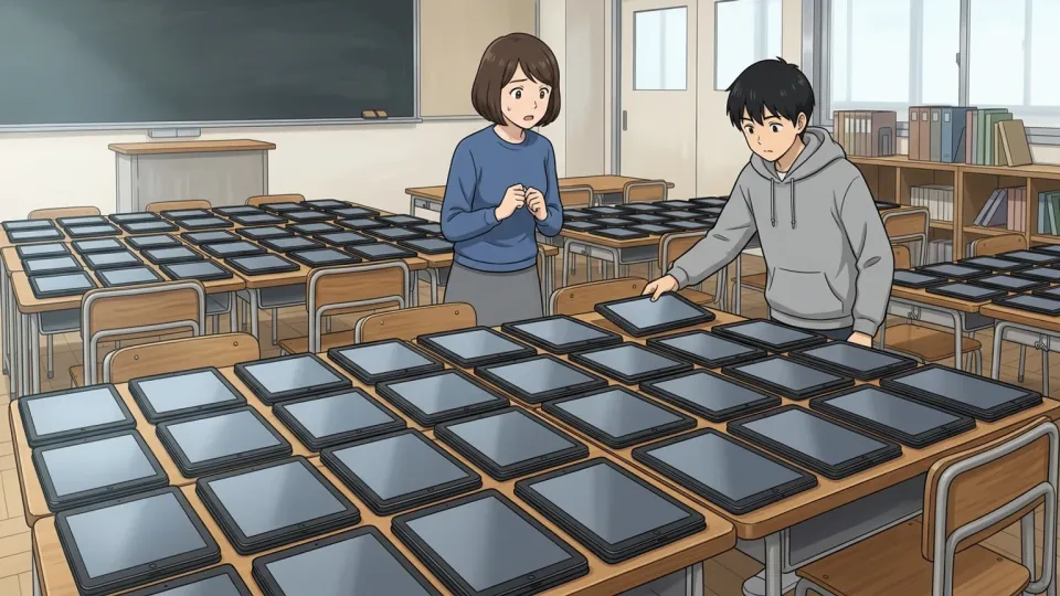 机の上に大量のタブレット端末が並んでいる様子