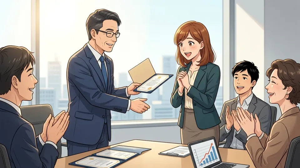 販売目標を達成した社員が会議で昇進を告げられている