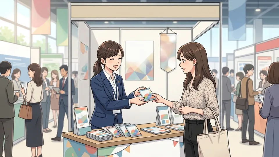 見本市で販売促進用サンプルを配る営業担当者