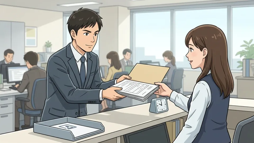 社員が記入済みの用紙を速やかに提出する場面