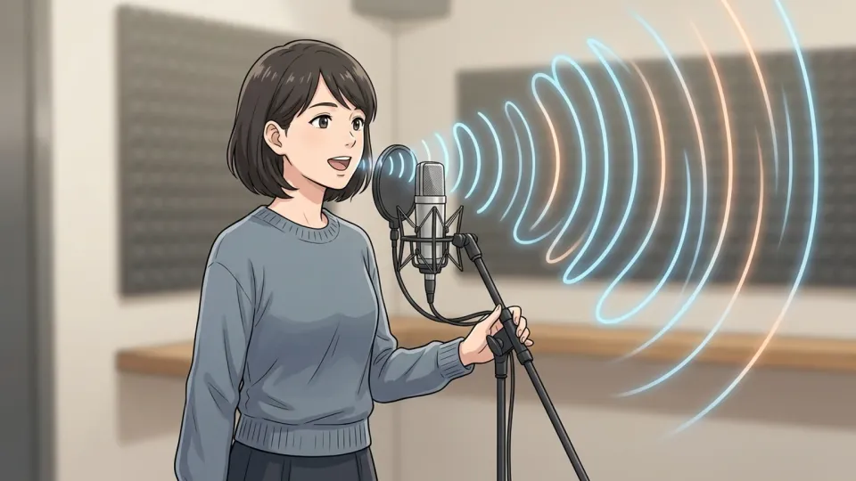 マイクに向かってクリアに発声する女性